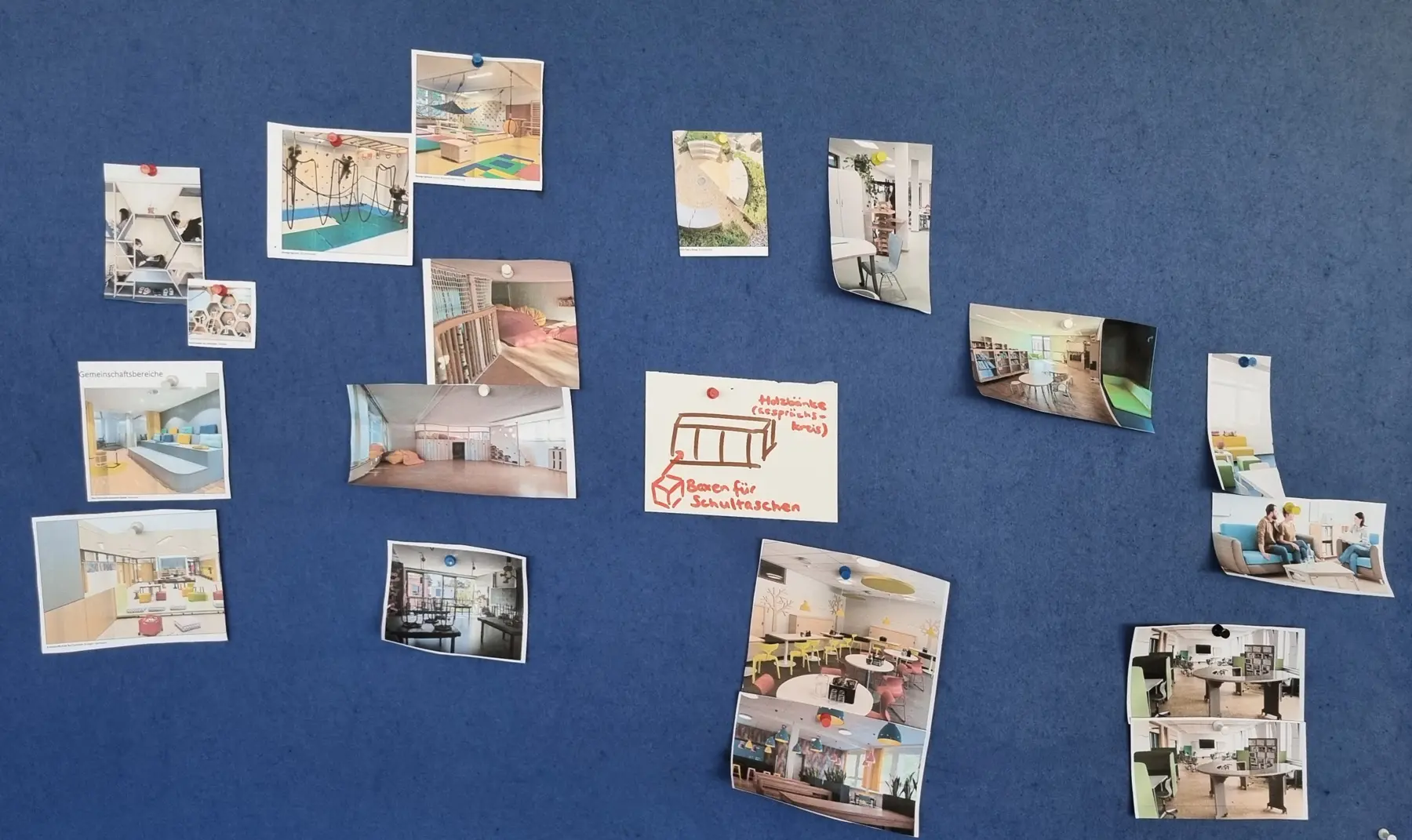 Einrichtungskonzepte für Schulen – Möblierungskonzept von conceptk. Foto: Planung anhand von Fotografien an einer Pinnwand